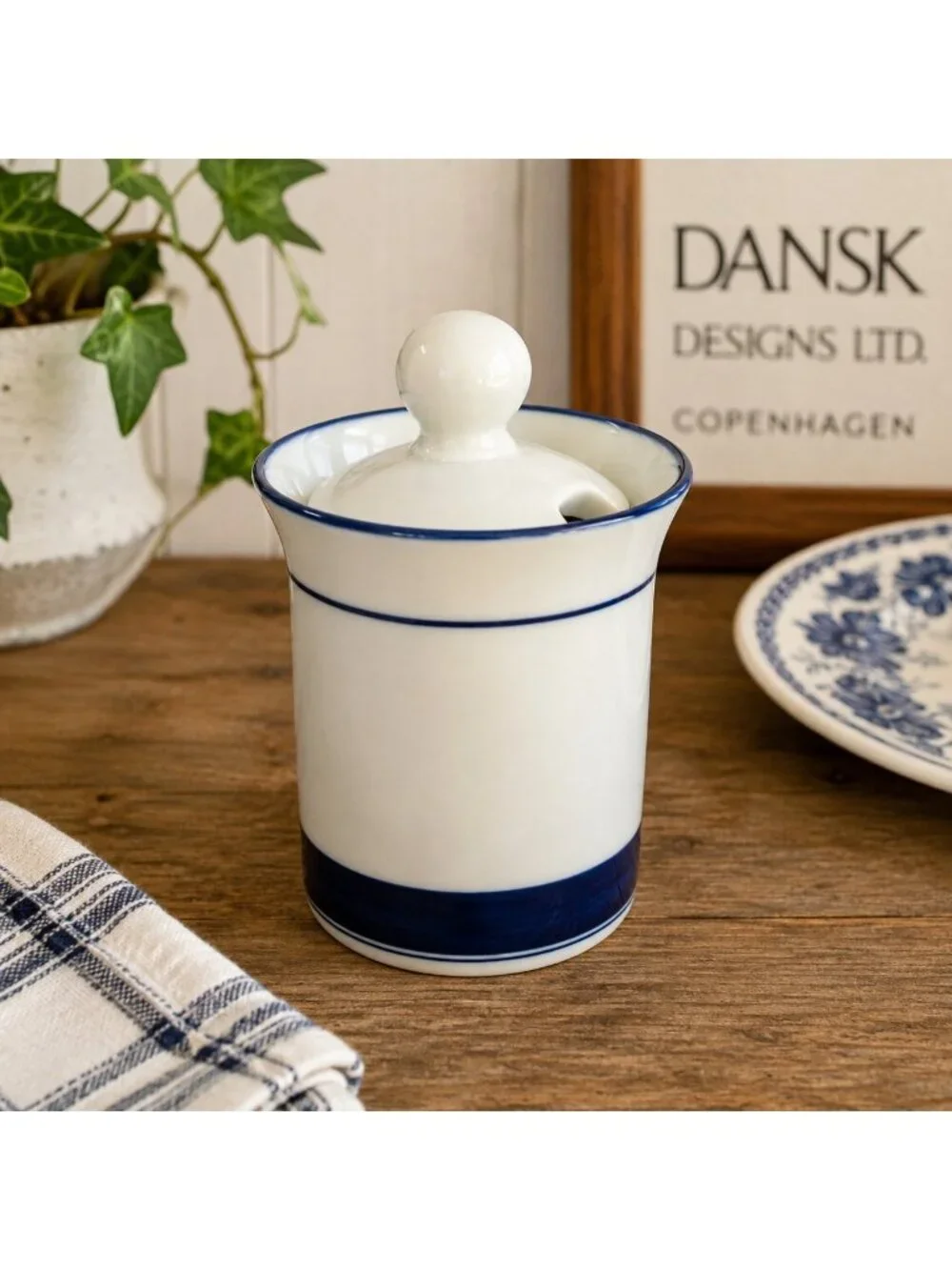 Vintage Dansk Concerto Allegro Condiment Jar Mustard Pot Niels Refsgaard Blue Wh